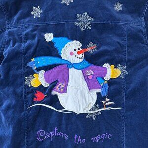 Vintage Quacker Factory Blue Velvet Jacket 2X Snowman Kitsch Christmas Hong Kong